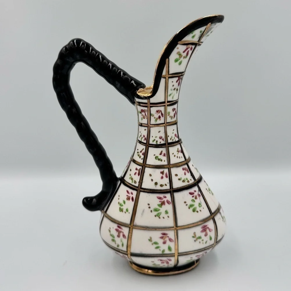 Vintage Japanese Style Hand Painted Black & White Porcelain Floral Ewer